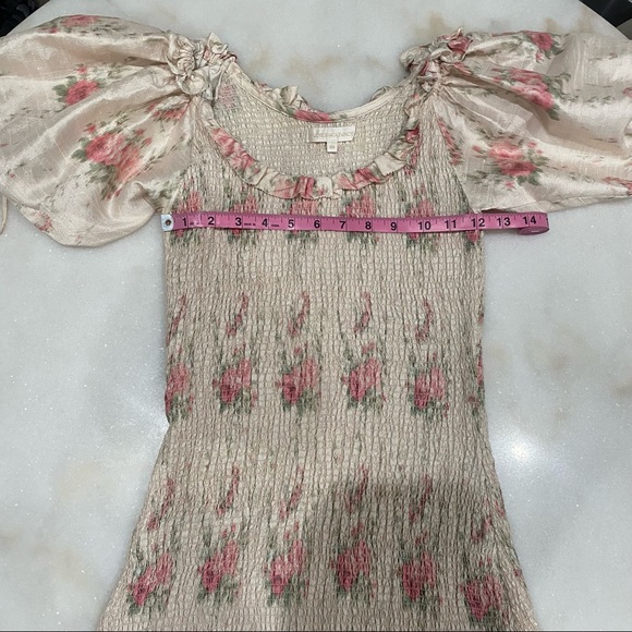 LoveShackFancy Violet Ruched Pink Floral Silk Mini Dress with Puff Sleeves - Picture 10 of 14